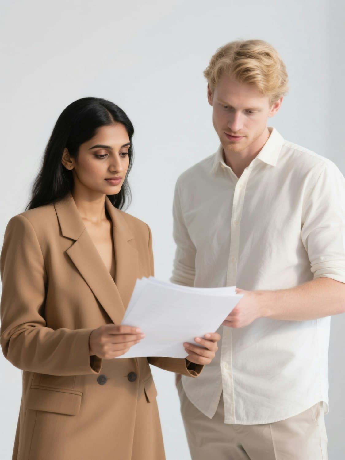 Two people reviewing a stack of sale records together