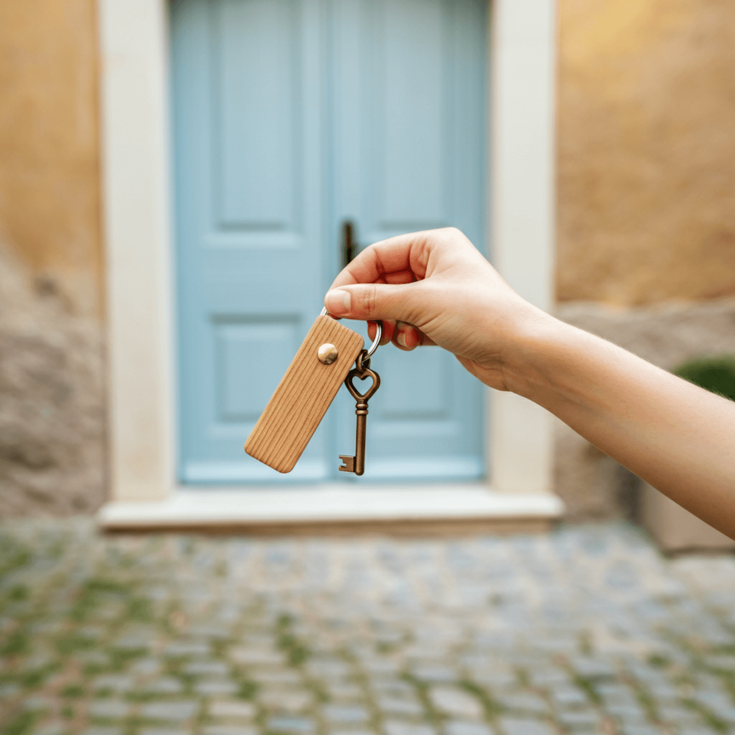 A hand holding a house key in front of a blue front door